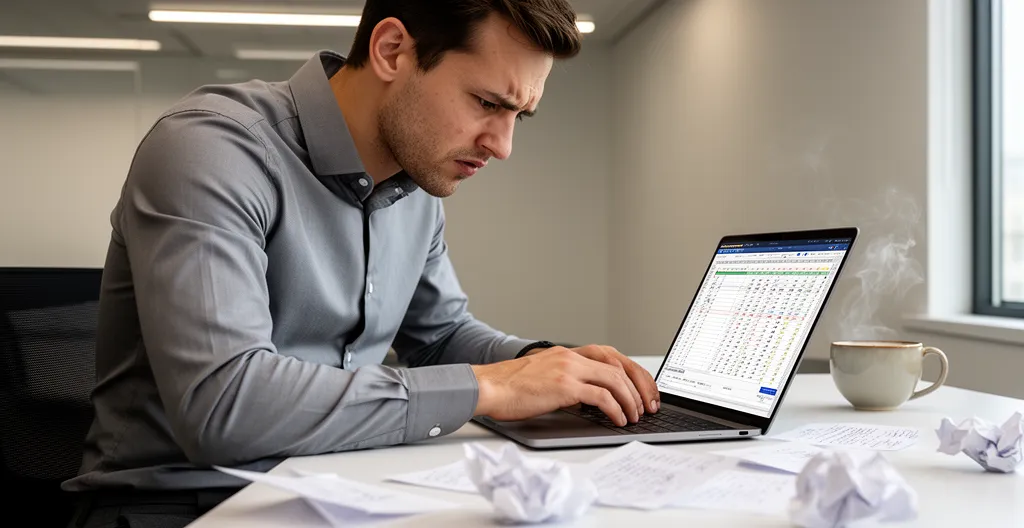 Finance team member showing visible frustration while working with spreadsheets on laptop