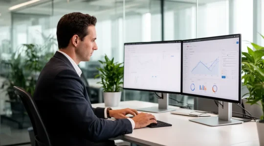 Sales operations professional reviewing analytics dashboard on dual monitors in modern office