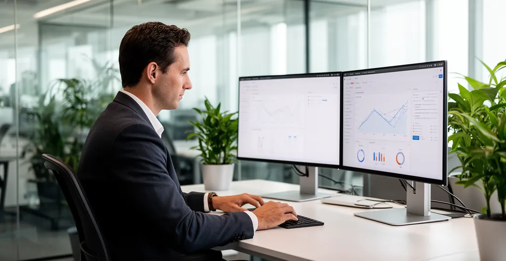 Sales operations professional reviewing analytics dashboard on dual monitors in modern office