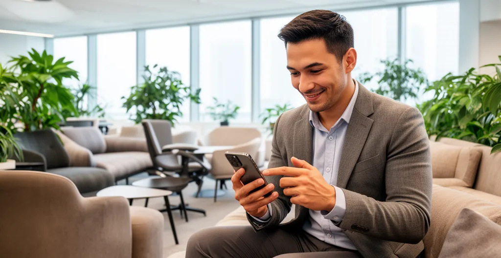 Sales representative checking mobile phone with satisfied expression in office lounge