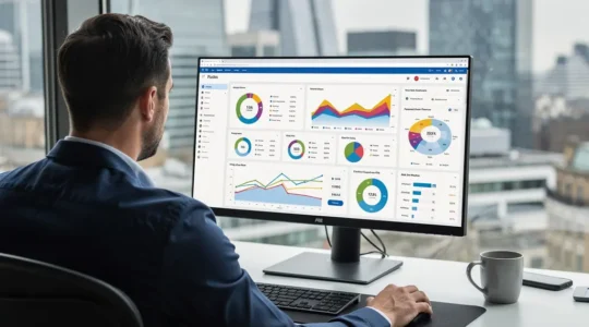 Revenue operations professional reviewing commission dashboard in modern London office
