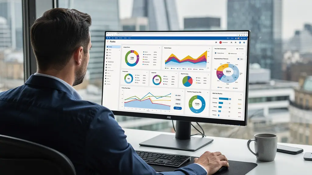 Revenue operations professional reviewing commission dashboard in modern London office