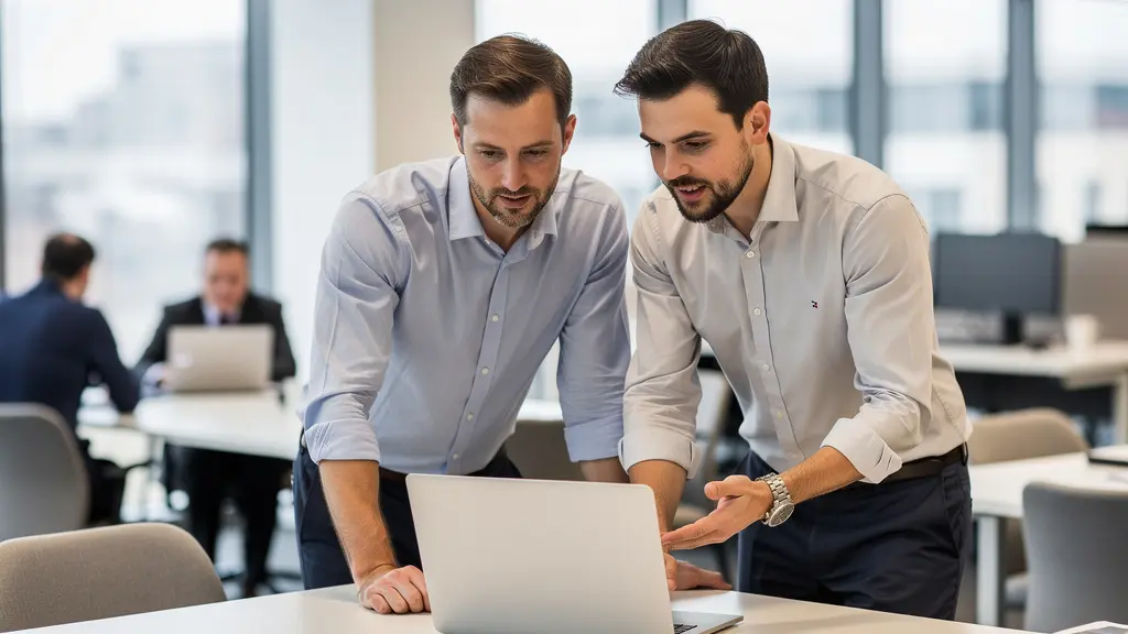 Revenue operations team discussing commission platform implementation around laptop